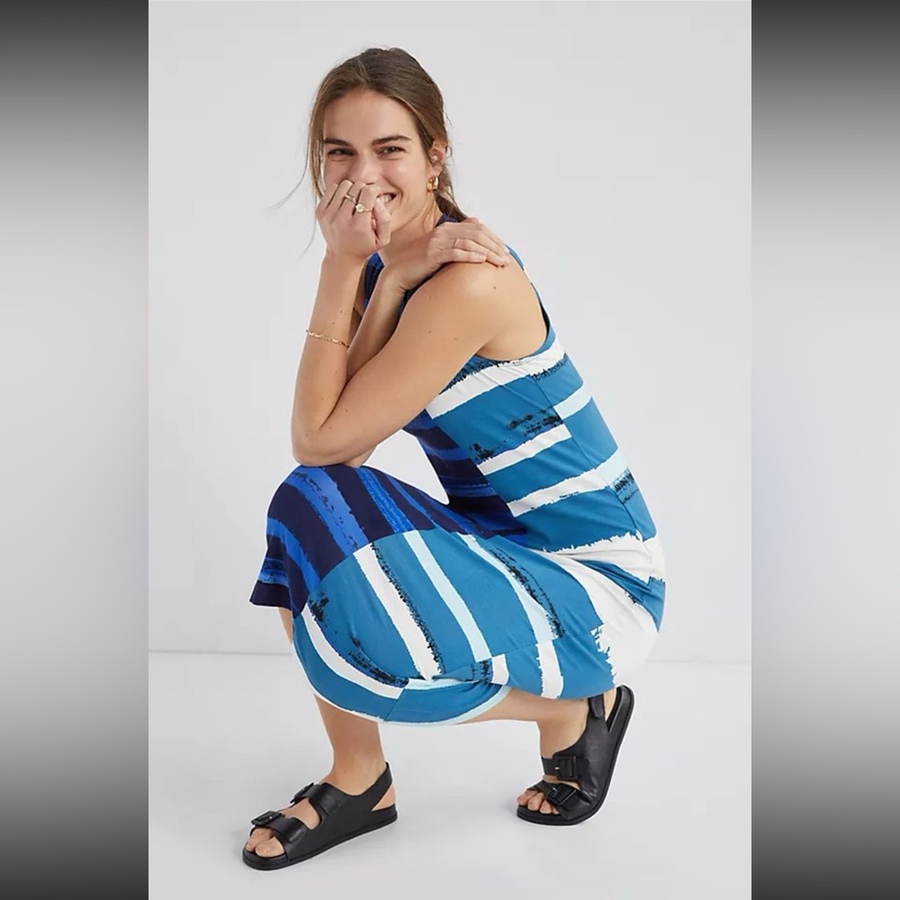 Anthropologie Corey Lynn Calter Blue Striped Sleeveless Midi Pullover Dress.